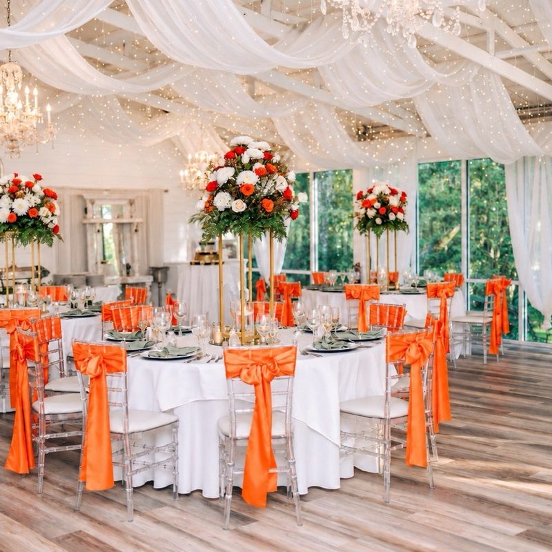 The Garden Room set for a reception: round tables in white linen, clear chairs with orange satin sashes, tall red and white floral centerpieces, crystal chandeliers and draped fabric with fairy lights
