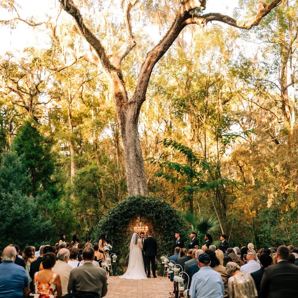 Outdoor ceremony beneath the live oak at Saxon Manor, guests standing either side of the brick aisle as the couple meet under a greenery arch